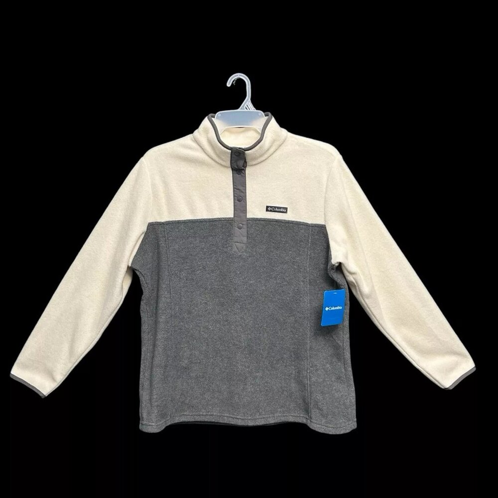 Columbia Women's Fleece Pullover Sweater Sz 1X Grey/Chalk Half Snap Soft‎ & Warm